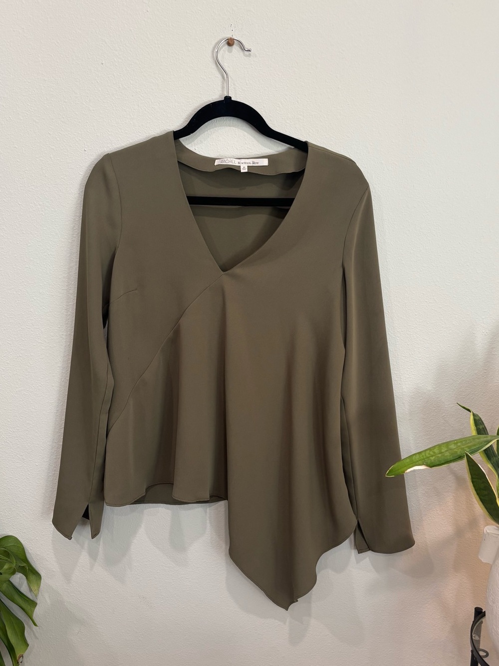 RACHEL Rachel Roy | Olive Green Asymmetrical V-Neck Blouse | Size Medium